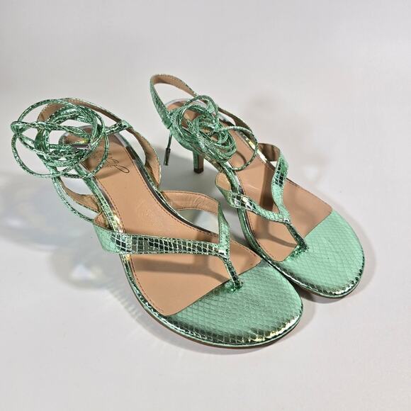 L Jewel Badgley Mischka Nolin Metallic Green Ankle Wrap Thong Sandals Heels Sz 6 - Picture 2 of 10
